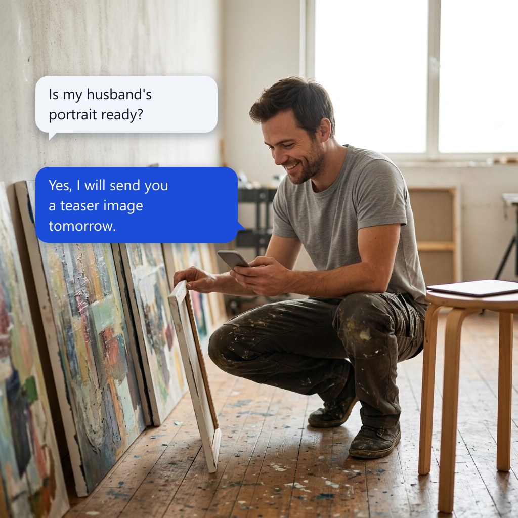 A painter crouches among his canvases in a bright studio, smiling at his phone. Two message bubbles read 'Is my husband's portrait ready?' and 'Yes, I will send you a teaser image tomorrow.'