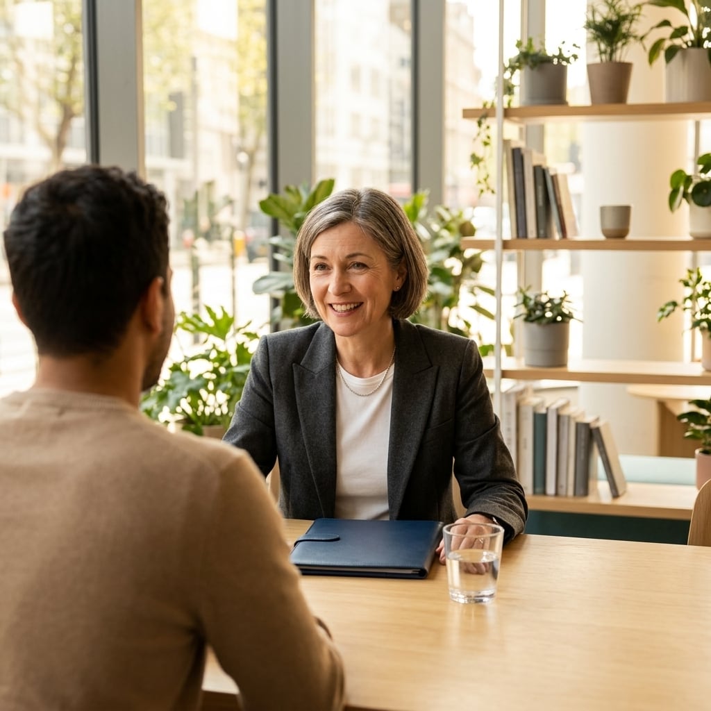Two colleagues talking across a table in an office