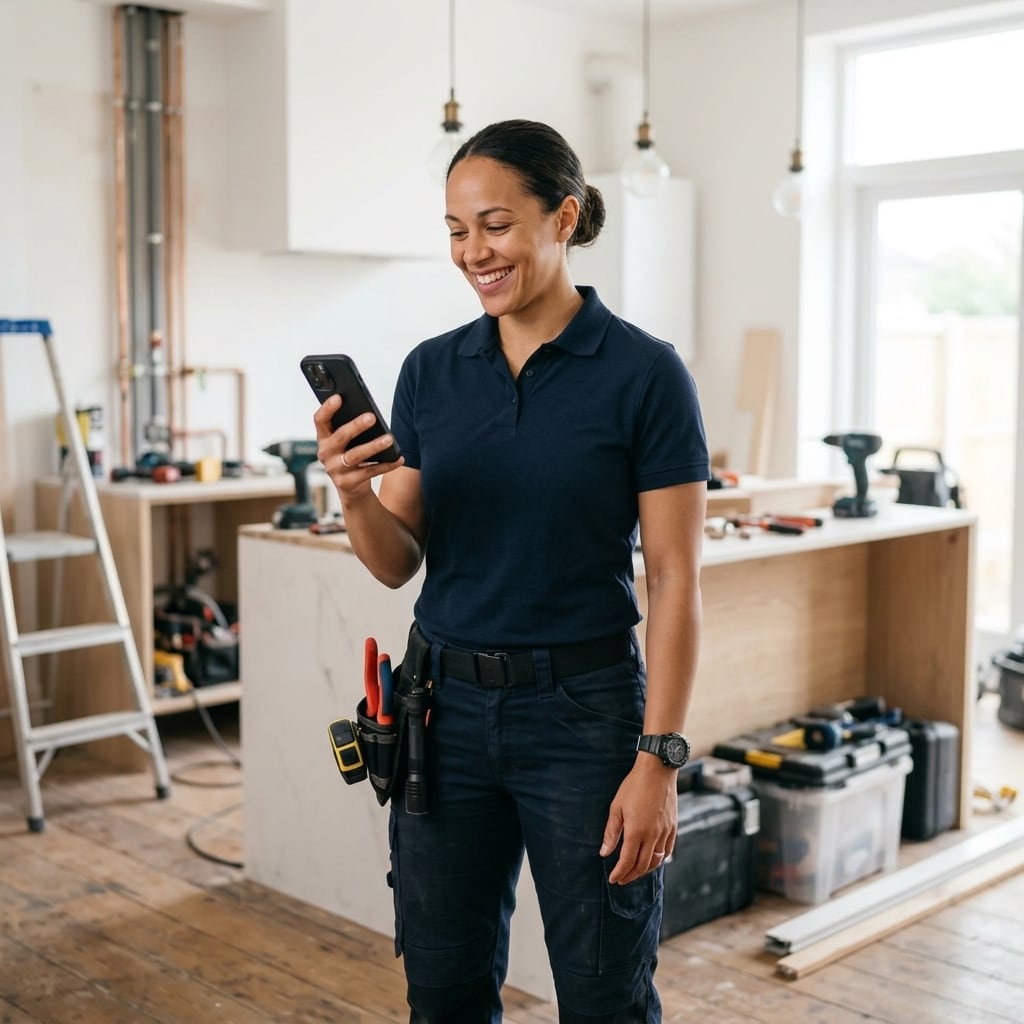 A tradesperson reading their phone on a job