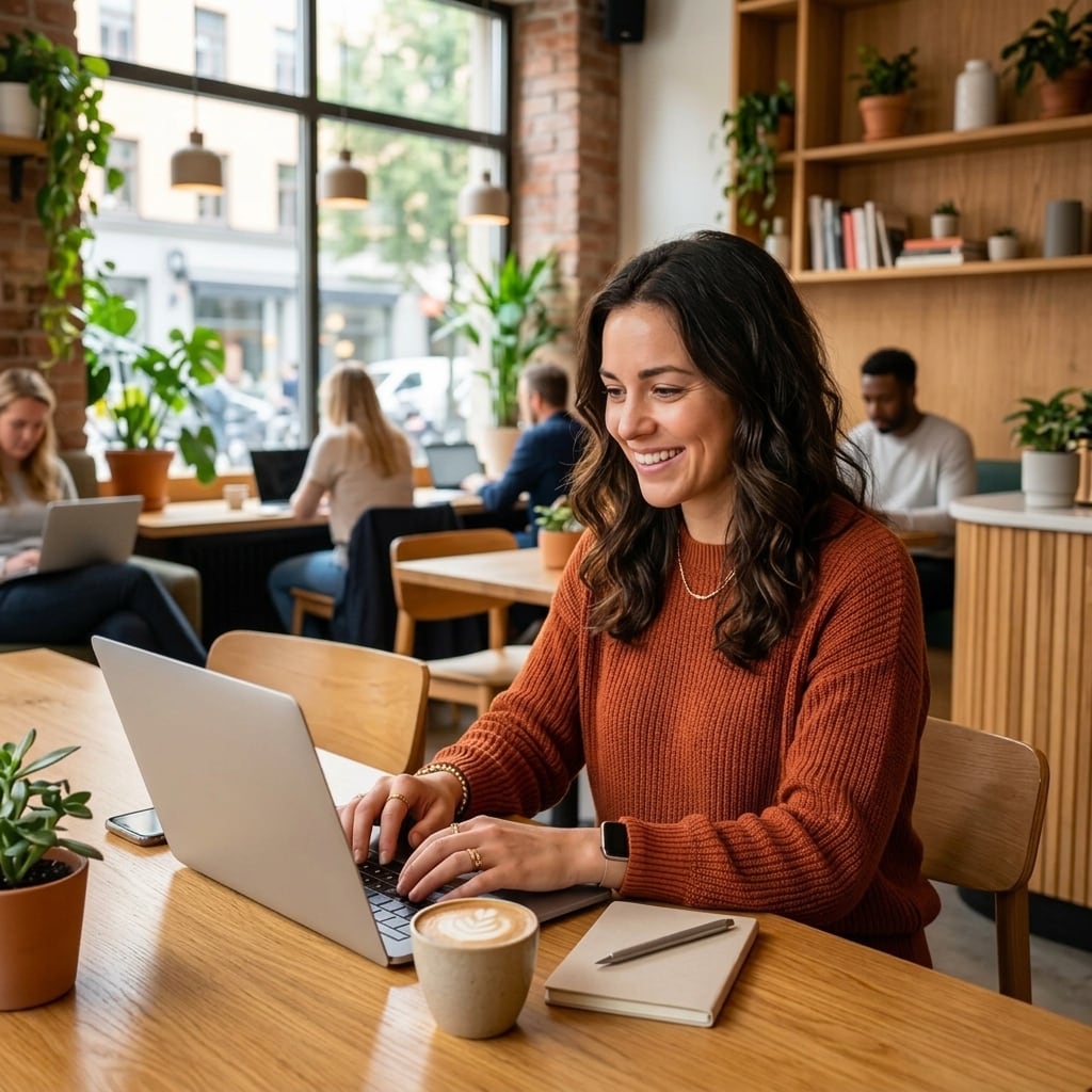 A consultant working at a laptop in a café